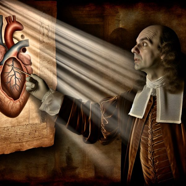 Een 17e-eeuwse dokter wijst naar een anatomische studie van een hart, belicht in zacht licht tegen een donkere achtergrond.
