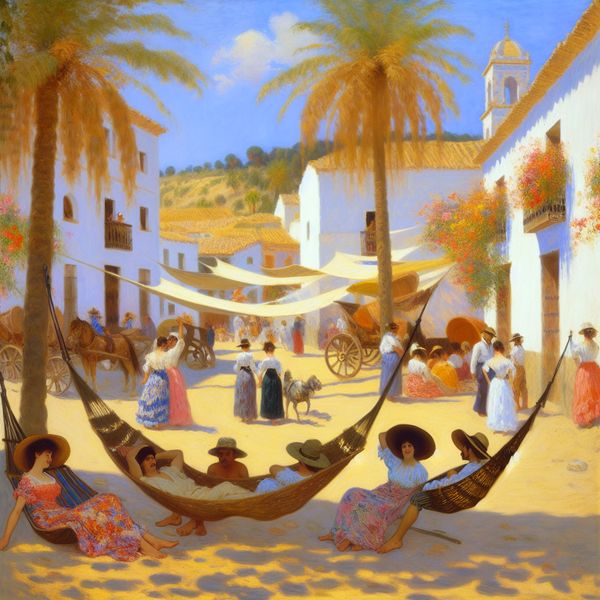 Andaloesië: De Droombestemming voor Ontspanning Een levendig tafereel van Andaloesië met mensen die ontspannen in hangmatten en genieten van het strand, omringd door traditionele witte gebouwen en palmbomen.