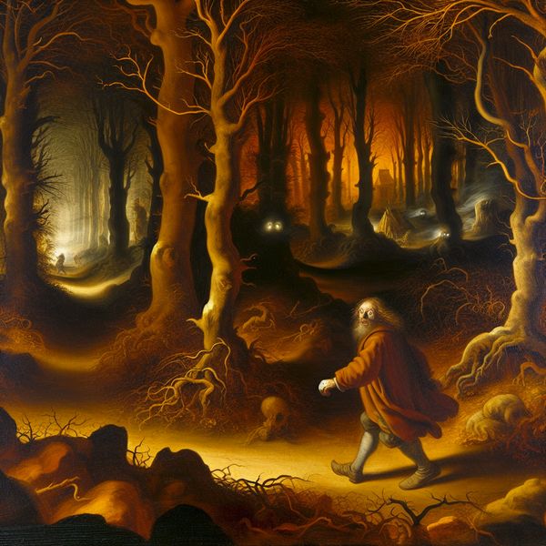 Angst en onveiligheid in een donker bos - emotie en spanning in schilderstijl Een angstige persoon loopt 's nachts alleen door een donker, dichtbegroeid bos met dreigende schaduwen en mysterieuze ogen in de verte, in de stijl van Jan Steen