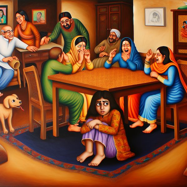 Angst en Ontsnapping in een Gezellige Woonkamer Een jonge meisje verstopt zich angstig onder een tafel in een gezellige woonkamer, terwijl familieleden om haar heen in gesprek zijn.