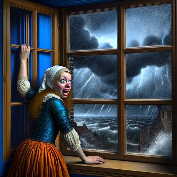 Vrouw bij raam tijdens hevige storm, uitdrukking van intense angst met dramatische belichting