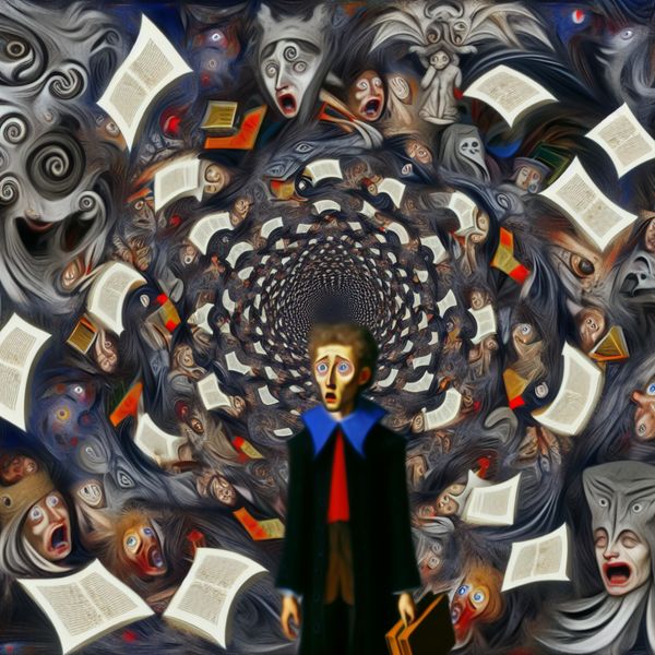 Surrealistisch tafereel van een centrale figuur die angstig en overweldigd is tijdens een chaotische presentatie, omringd door bizarre wezens die zorgen symboliseren.