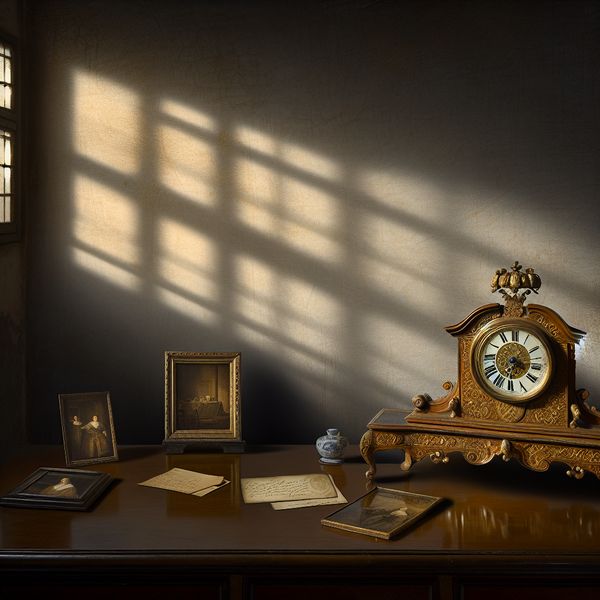 Antiek Horloge op Houten Tafel Antiek klokje op een houten tafel, omringd door erfstukken zoals foto's en brieven