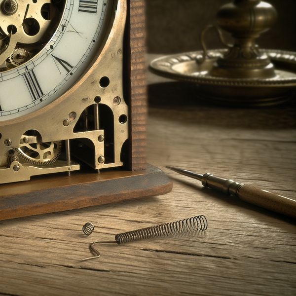 Antieke klok met zichtbare veermechanisme en elegante zwaanveer op een houten tafel met zachte verlichting