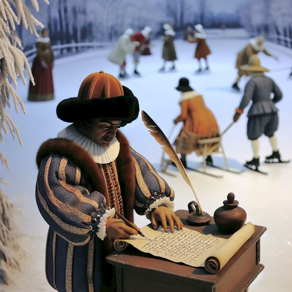 Historische scène: antwoord schrijven op een brief in winterse sfeer 17e-eeuwse Nederlandse wintertafereel met persoon die een antwoord schrijft op perkament bij een bevroren kanaal, omringd door schaatsers en winteractiviteiten