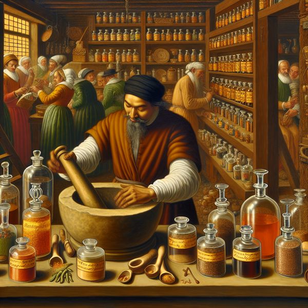 17e-eeuwse Nederlandse apotheker mengt ingrediënten in een vijzel met stamper, omringd door glazen potten en kruiden in een levendige apotheek