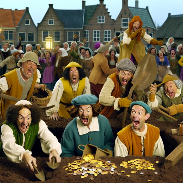 Archeologen die schatten opdiepen in 17e-eeuwse stijl van Jan Steen Levendige 17e-eeuwse scène van archeologen die opgewonden oude schatten opdiepen uit een vers gegraven kuil, met gouden munten, aardewerk en roestige gereedschappen