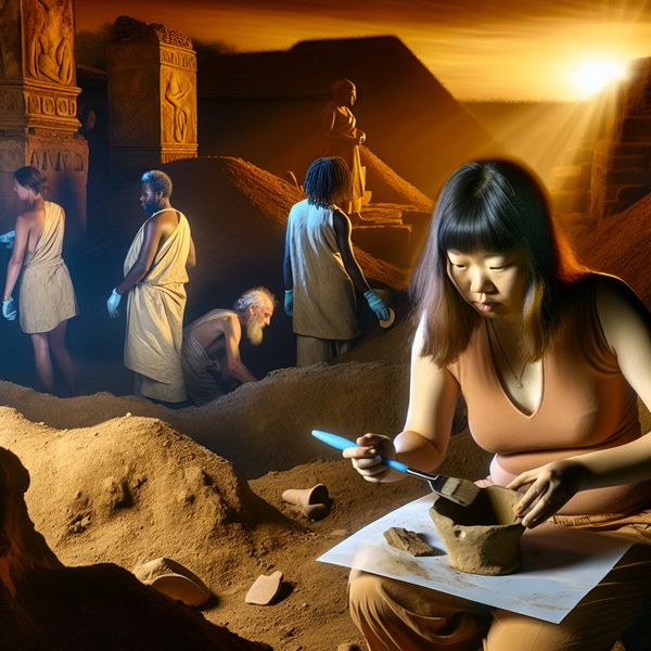 Archeologen bij het uitgraven van een oud artefact Een archeoloog die zorgvuldig aarde wegveegt om een goed bewaard artifact, zoals een aardewerkscherf, bloot te leggen