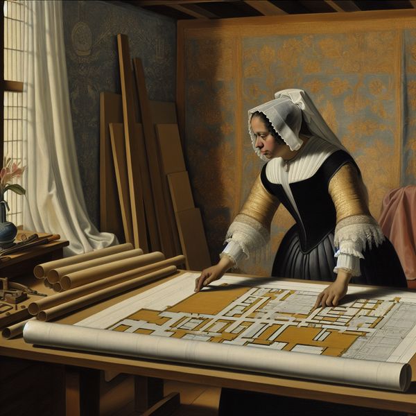 Architect onderzoekt bouwtekeningen in een verfijnde ruimte Een stijlvolle architect in een elegante ruimte, die nauwkeurig bouwtekeningen bekijkt op een houten tafel, omringd door constructiematerialen.