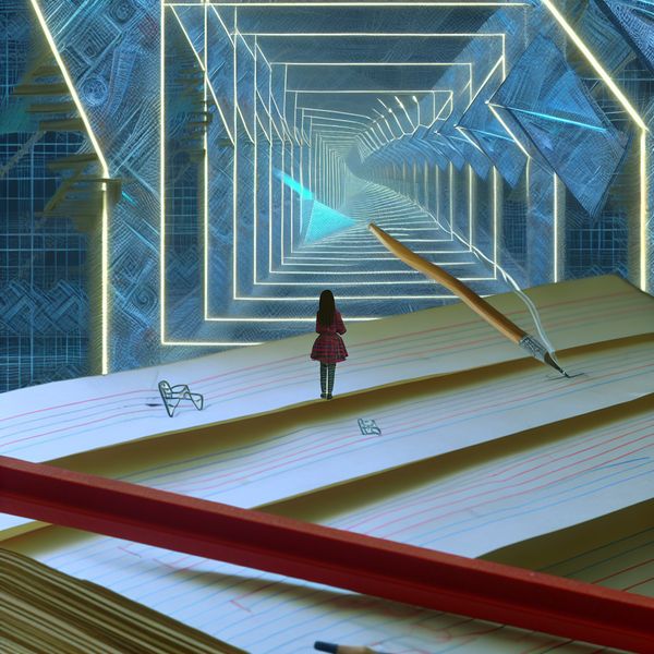 Architect tekent lijnen op blauwdruk met optische illusie - Escher stijl tekenen leren Surrealistische tekening in de stijl van M.C. Escher van een architect die nauwkeurig lijnen tekent op een transparant blauwdruk, met optische illusies en geometrische patronen