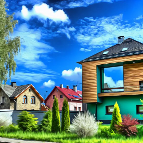 Hyper-realistische afbeelding van een modern huis dat harmonieus past in een groene suburbane omgeving.