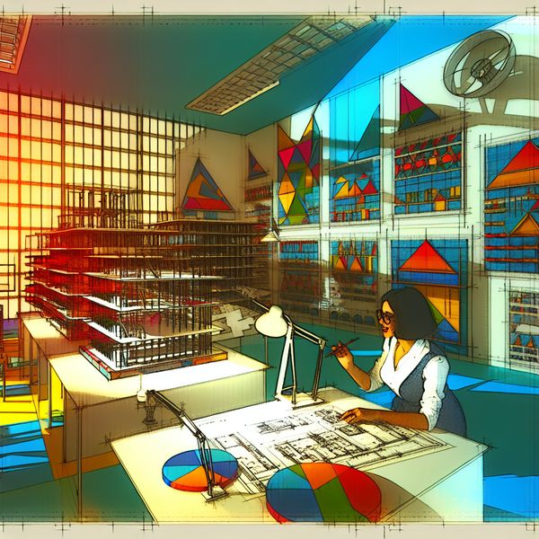 Architectuurstudio met ruimtelijk inzicht en geometrische modellen Een jonge vrouw met een schetsboek werkt geconcentreerd aan een 3D-model in een modern en retro-futuristisch architectenstudio.
