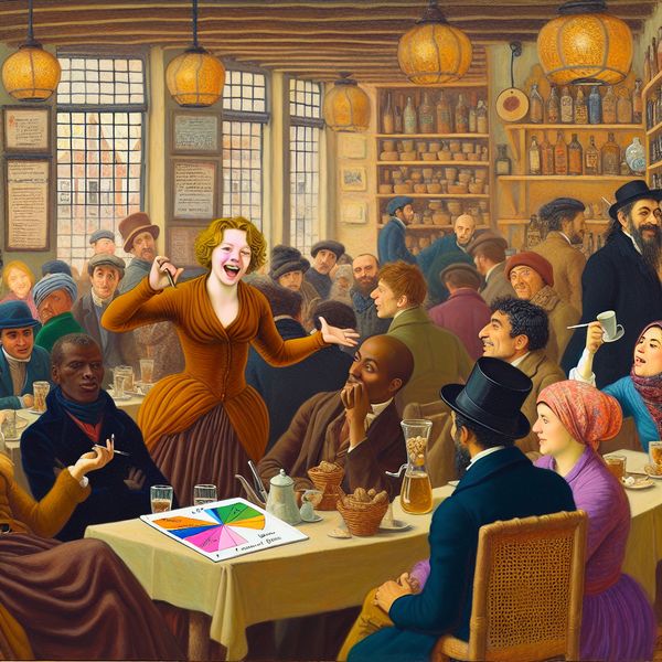 Argumenetatie in een Café: Presenteren met Klasse Een vrouw in een café presenteert haar argument met kleurrijke grafieken aan een geïnteresseerd publiek.