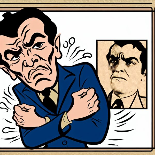 Cartoonfiguur met armen strak over elkaar geslagen in een defensieve of nadenkende houding, illustratie van lichaamstaal
