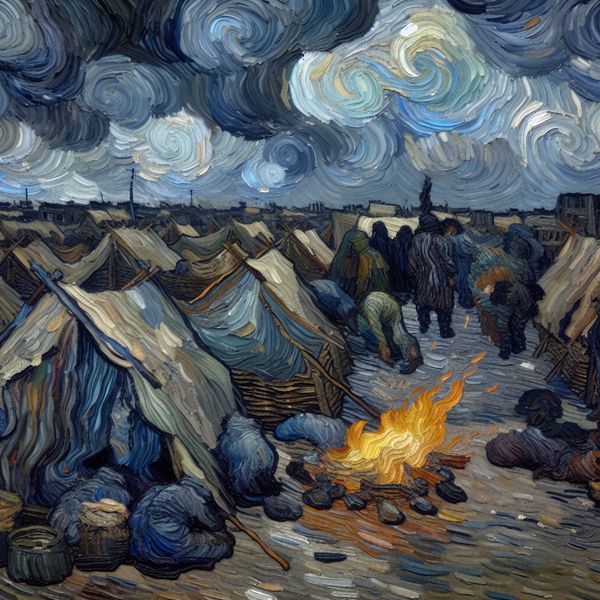 Armoedige omgeving in Van Gogh-stijl: vluchtelingenkamp met barre leefomstandigheden Schilderij in Van Gogh-stijl van een desolaat vluchtelingenkamp onder een stormachtige hemel, met armoedige omstandigheden en uitgeputte figuren rond een klein vuur