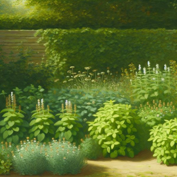 Een serene tuin met geurige kruiden zoals munt en oregano in de zon, met zachte schaduwen en een houten hek op de achtergrond.