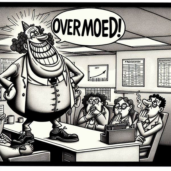 Arrogante man in kantoor toont overmoed tijdens promotie Een cartoonachtige afbeelding van een arrogante man die in een kantoor zijn recente promotie opschept, terwijl zijn collega's geïrriteerd naar hem kijken.