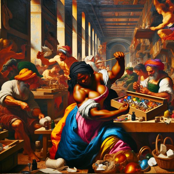 Artisanale creativiteit: Het labelen van handgemaakte cadeaus Een sterke artisan in een drukke werkplaats die een prachtig cadeau labelt met een veer en inkt.