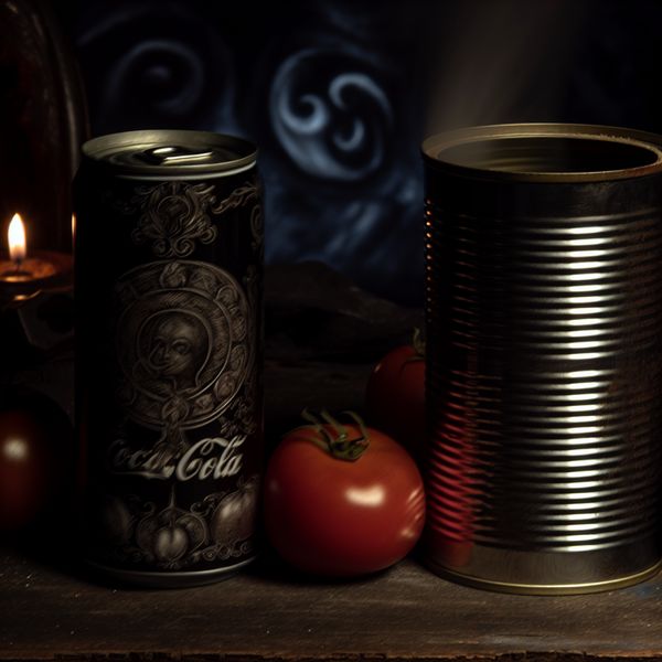 Artisanale blikken op een rustieke tafel Een nog leven van een glanzend blik tomaten naast een geopend blik cola op een rustieke houten tafel met kaarslicht.