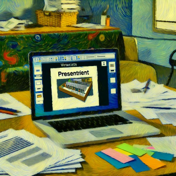Artistiek bureau met laptop en documentpresentaties voor taal leren Close-up van een artistiek bureau met een open laptop, documenten en een e-mail met een gemarkeerde bijlage 'Presentatie'.