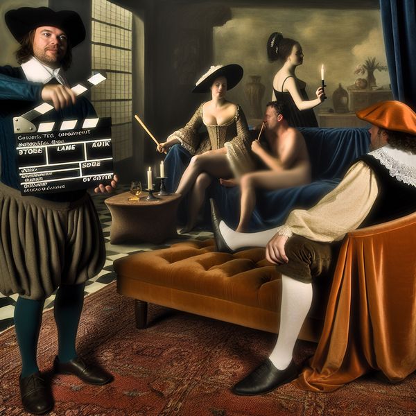 Artistieke erotische film: verfijnde scène met historische regisseur en intiem gesprek 17e-eeuwse filmregisseur met klapperbord naast verfijnd koppel op fluwelen bank in artistieke erotische filmsetting, geïnspireerd op Gerard ter Borch