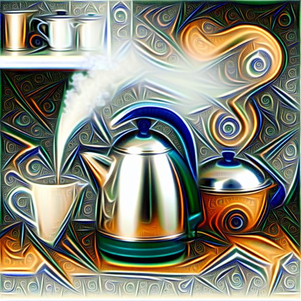Artistieke keuken met elektrische waterkoker en surrealistische patronen Een artistieke afbeelding van een keuken met een elektrische waterkoker die water kookt, omgeven door surrealistische en wiskundig interessante patronen van stoom.