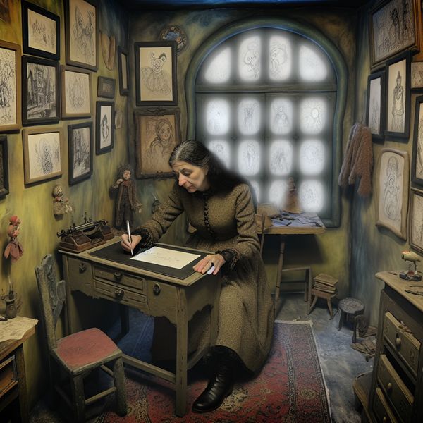 Een kunstenaar die met een vulpen hun kunstwerk ondertekent in een gezellige, vintage studio vol met tekeningen en schilderijen.