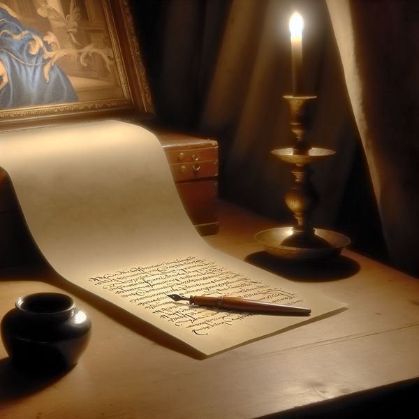 Artistiek werkruimte met perkament en letters toevoegen Een serene artistieke werkruimte met een tafel waarop een perkament ligt met elegant geschreven letters en een vintage inktpot