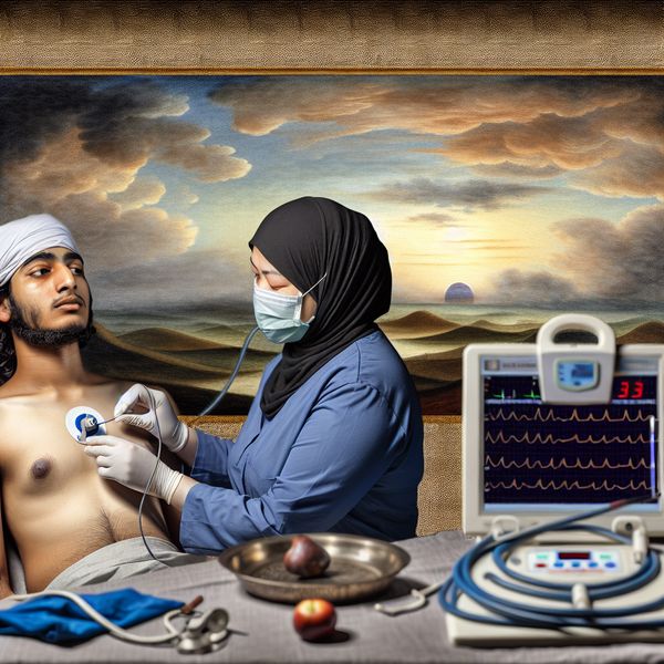 Arts plaatst elektrode voor ECG in medische setting Een arts plaatst een elektrode op de borst van een patiënt in een medisch onderzoek, met een dramatische lucht op de achtergrond.