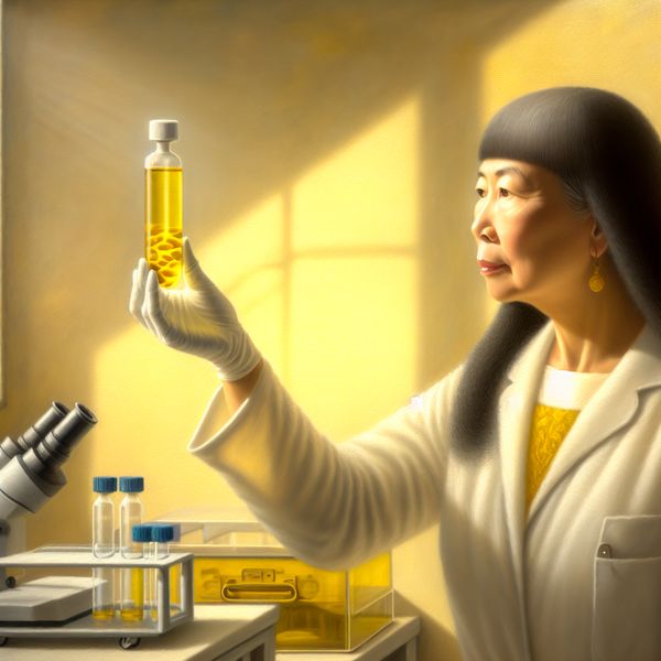 Geneeskundige Reflectie op Pus in Een Examenscenario Een arts inspecteert een doorzichtig medisch vial met gele vloeistof in een serene examenruimte, geïnspireerd door Johannes Vermeer.