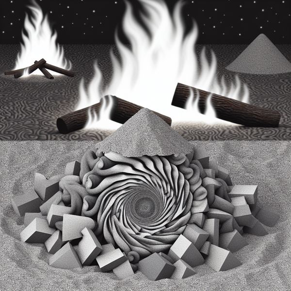 Surrealistische afbeelding van asresten van een kampvuur in geometrische patronen.