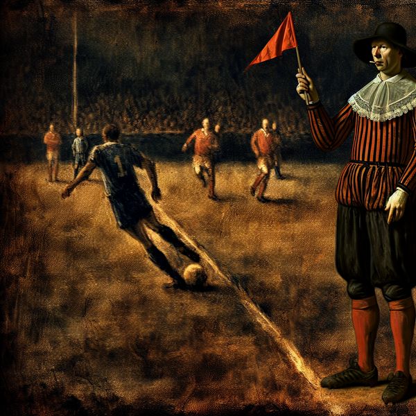 Assistent-scheidsrechter met vlag langs de zijlijn tijdens een voetbalwedstrijd, geschilderd in Rembrandt-stijl met dramatische belichting