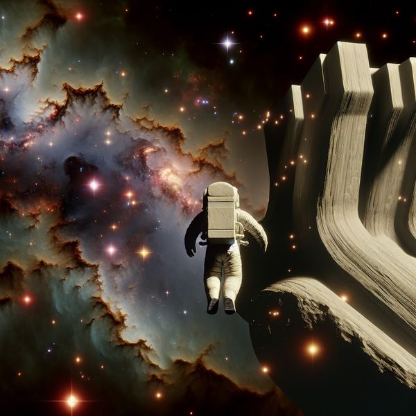 Astronaut in oneindig heelal: surrealistische weergave van de kosmos en ruimteverkenning Hyperrealistische surrealistische voorstelling van een astronaut die zweeft in de oneindige kosmos, omringd door sterrenstelsels, nevels en sterrenstof, geïnspireerd op Carel Willink