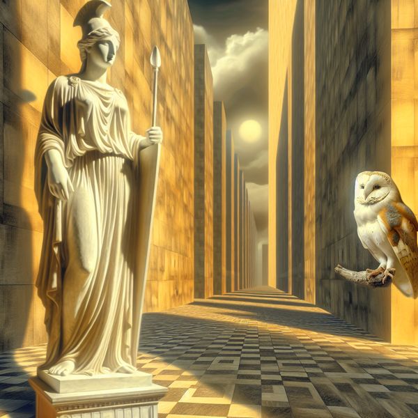 Goddin Athena symboliseert wijsheid in surrealistisch schilderij met klassieke architectuur Hyperrealistisch surrealistisch schilderij van de godin Athena als symbool van wijsheid, met een uil op haar schouder, in een dromerig klassiek plein