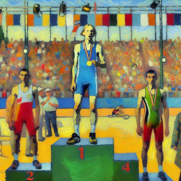 Atleet op het podium met medaille - Vijfde plaats in de race Een jonge atleet op het podium met een medaille in de vijfde plaats, omringd door juichende mensen.