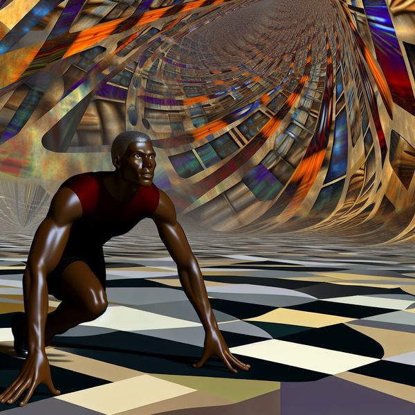 Atleet gericht op surrealistische finishlijn Een atleet kijkt gefocust naar een surrealistische finishlijn met geometrische vormen, omgeven door optische illusies.
