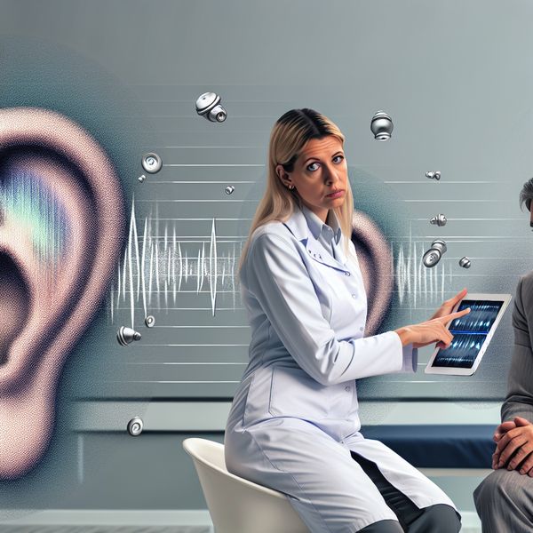 Patiënt in gesprek met audioloog, die geluidsgolven en digitale tablet toont in moderne kliniek