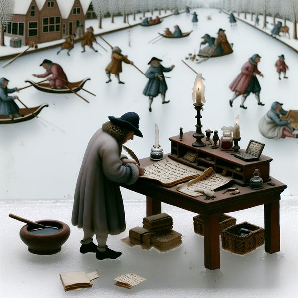 Gedetailleerde winterse scène in de stijl van Hendrick Avercamp met een schrijver aan een houten bureau op het ijs, bezig met een brief schrijven op perkament