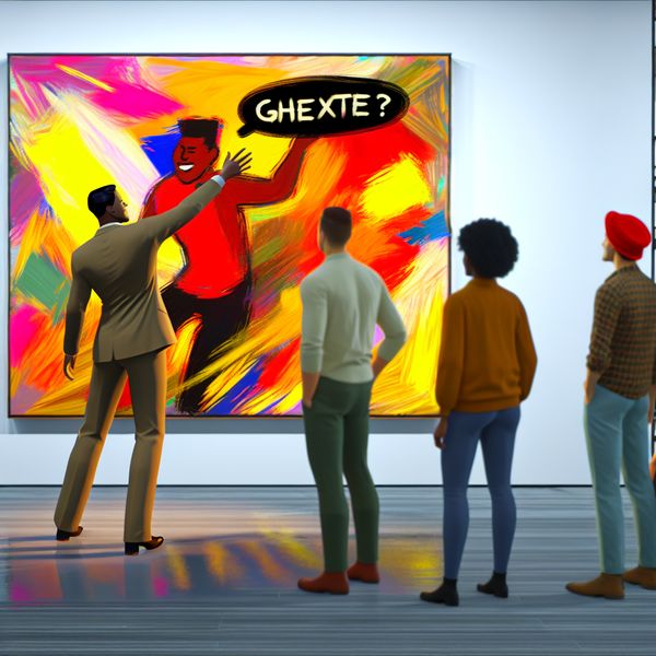 Authentiek Kunstgezelschap in Abstracte Galerie Curator explains authenticity of an abstract painting in art gallery filled with intrigued audience.