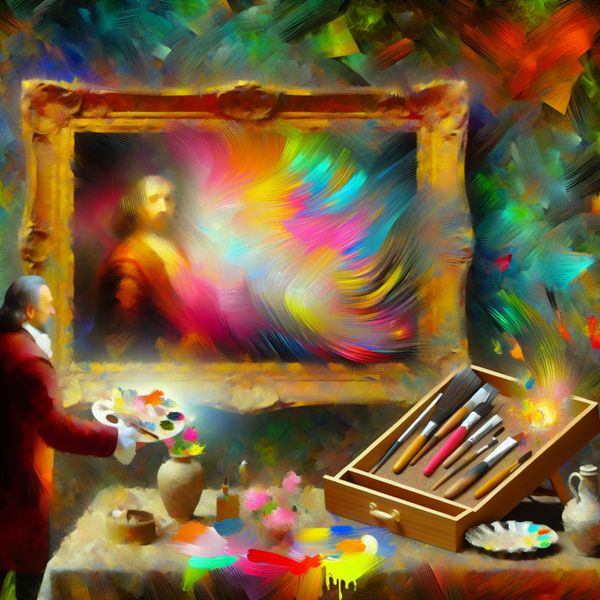 Authentieke kunstervaring met Rembrandt en Appel Abstracte scène met een kunstcurator die een klassiek schilderij bekijkt te midden van levendige kleuren en schilderachtige penseelstreken.