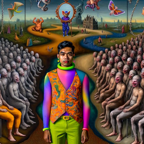 Authentiek blijven in een wereld van conformiteit - surrealistische voorstelling Surrealistisch tafereel van een zelfverzekerd persoon omringd door oordelende figuren, symboliserend authentiek blijven in een conformistische wereld