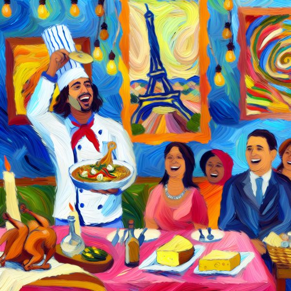 Authentieke Franse Keuken in een Restaurant Een vrolijke Franse chef-kok presenteert authentieke Franse gerechten aan diners in een restaurant, met een sfeervolle tafel en kleurrijke kunst aan de muren.