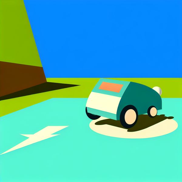 Auto achteruit rijden illustratie voor taalonderwijs en verkeersbegrippen Minimalistische illustratie van een vrolijke auto die achteruit rijdt in een eenvoudige parkeerplaats met geometrische bomen en een blauwe lucht