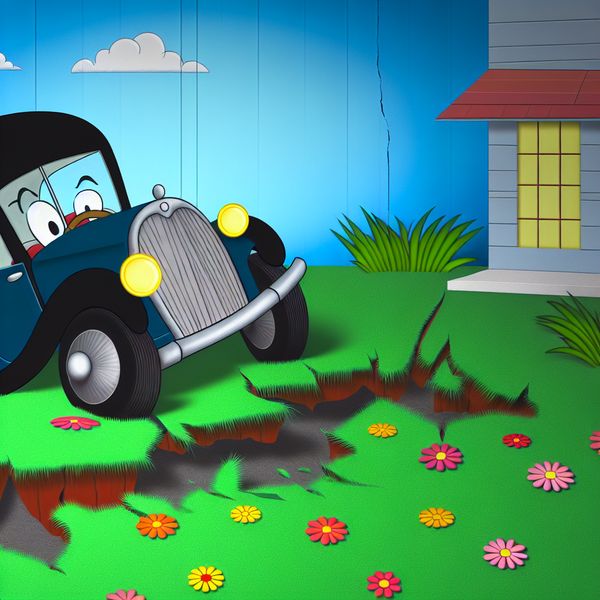 Auto op voortuin beschadigt gras en bloemen Een cartoonachtige afbeelding van een auto die per ongeluk over een voortuin rijdt, met de nadruk op het beschadigen van groen gras en kleurrijke bloemen.