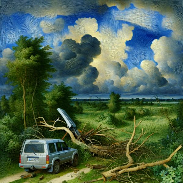 Auto met gebroken antenne in een natuur landschap Een auto met een gebroken antenne, geparkeerd in een weelderig groen landschap onder een dramatische lucht.