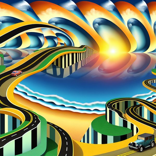 Rijdend naar een Droombestemming: Surrealistisch Landschap met Auto Surrealistisch landschap met een auto op een kronkelige weg naar een strand, geïnspireerd door M.C. Escher