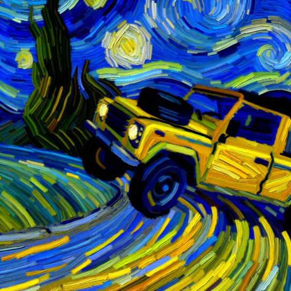 Snelle beweging voertuig in Van Gogh-stijl - figuurlijke betekenis 'rent' Snel rijdende auto in scherpe bocht op kronkelige weg, geschilderd in expressieve Van Gogh-stijl met zwierige penseelstreken en levendige kleuren