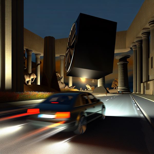 Een hyper-realistisch beeld van een auto die scherp naar links uitwijkt op een drukke weg om een grote zwevende klok te ontwijken.
