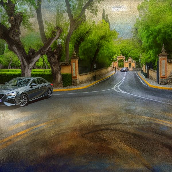 Dynamisch straatbeeld met auto in bocht Auto maakt een scherpe linkerbocht met een park op de achtergrond.