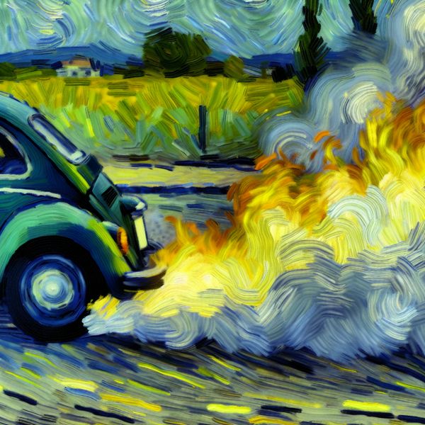 Auto Skidding en Wrijving: Een Dynamisch Beeld van Kracht Een auto die met een skid naar een stop gaat, met rook uit de banden en een artistiek weergegeven weg in de stijl van Vincent van Gogh.